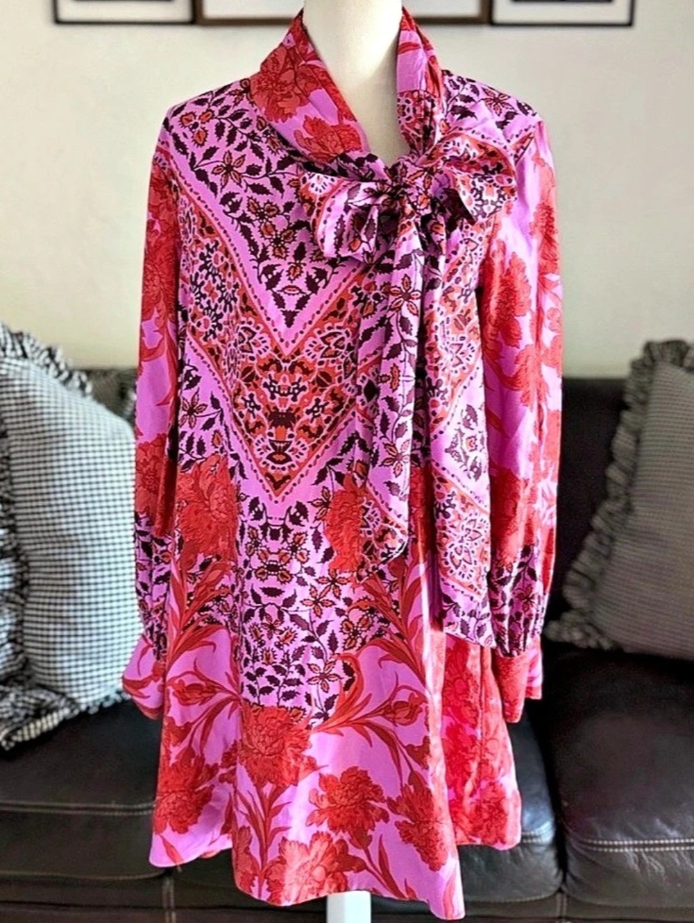Anthropologie Maeve Red & Pink Floral Tie Neck With Pockets Dress Women's Size M